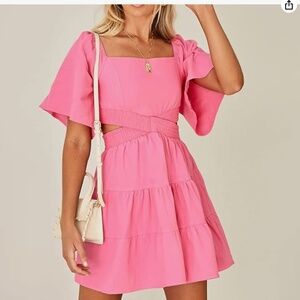 Summer Dress Square Neck Short Sleeves Crossover Waist